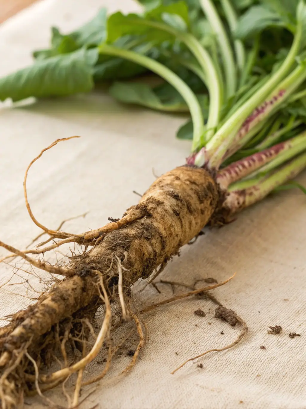 A bunch of fresh parsley root with soil still clinging to it, displayed against a rustic wooden background, emphasizing the natural and earthy quality of Holland Food Supply's produce.